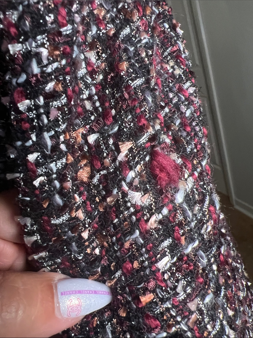 Calvin Klein Open Front Tweed Jacket. NWT size 14. With Pockets. Black &Burgundy - Picture 11 of 11